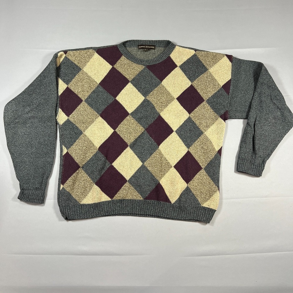 Vintage Liberty Sweaters Mens XL Multicolor Diamond Argyle‎ Ribbed Trim Grandpa